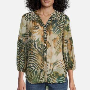 Figueroa & Flower Chiffon Woven Mix Printed Mandarin Collar 3/4 Sleeve Button XL